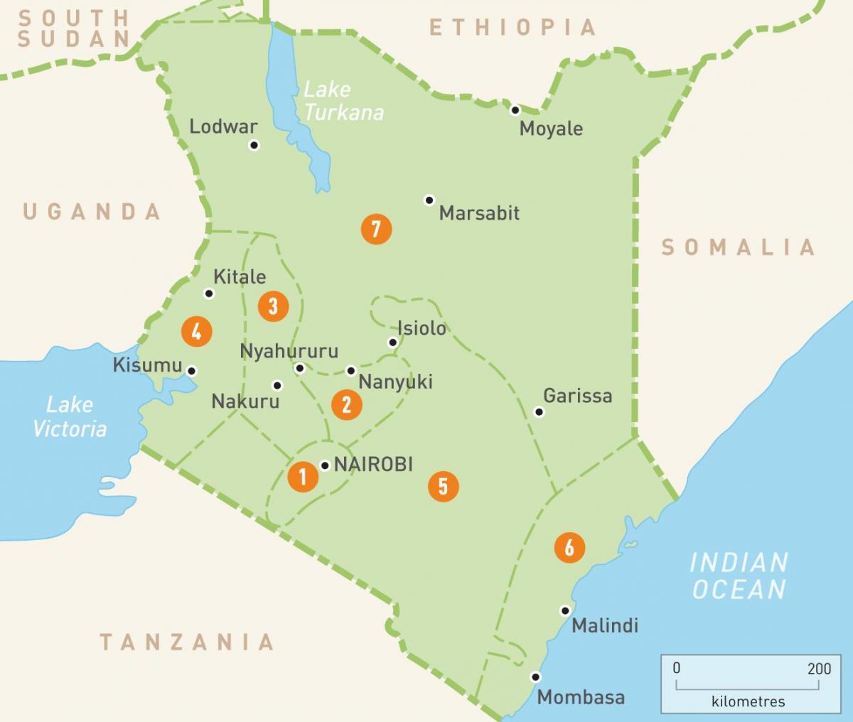 מפה של קניה מראה מחוזות