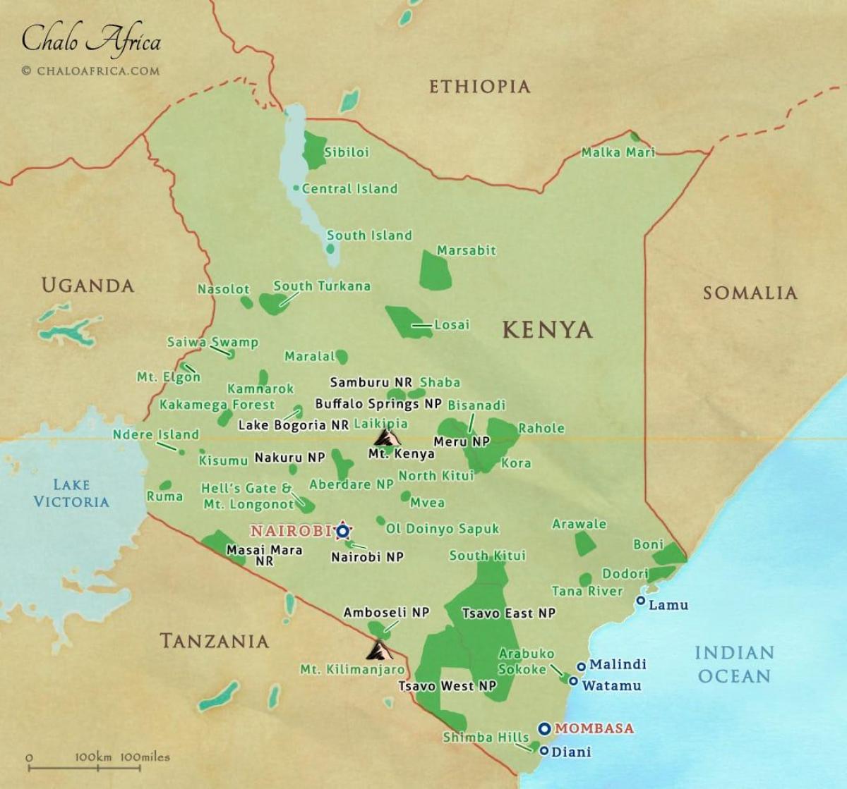 מפה של קניה פארקים לאומיים ושמורות